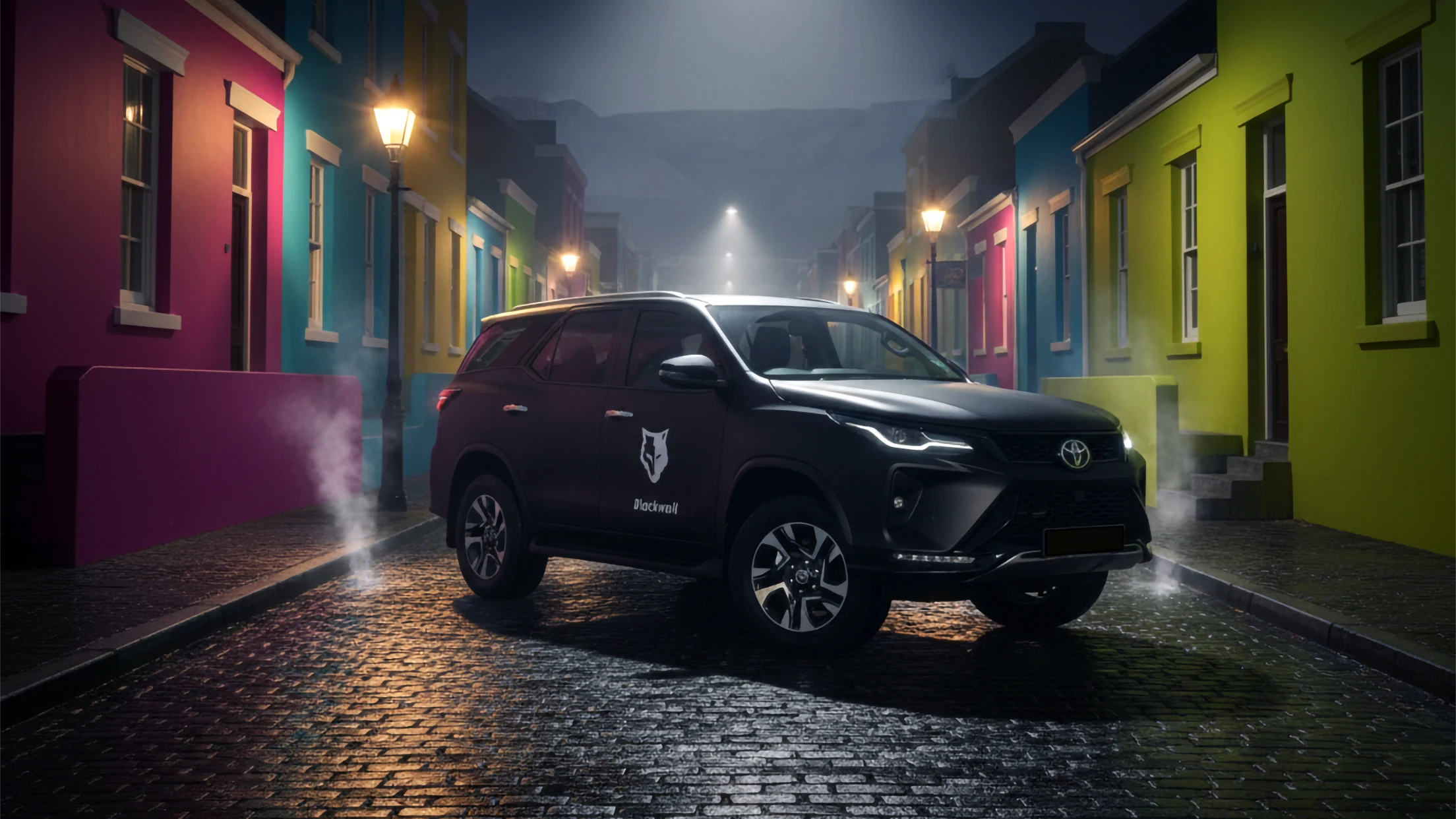 Black Wolf Executive Toyota Fortuner Chauffeur SUV in Cape Town Bo-Kaap at night